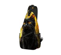 DISUOFEART Crossbody Sling Bag with Graphic Prints, Large Capacity Shoulder Backpack, Travel Chest Bag for Women & Men-25, Black Cat on Tree Branch in Golden Light, 19.7" × 9.5" × 3.5", Art Deco