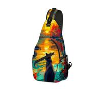 DISUOFEART Crossbody Sling Bag with Graphic Prints, Large Capacity Shoulder Backpack, Travel Chest Bag for Women & Men-5, Sunset Watcher Cat, 19.7" × 9.5" × 3.5", Art Deco