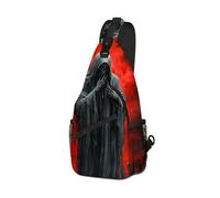 DISUOFEART Crossbody Sling Bag with Graphic Prints, Large Capacity Shoulder Backpack, Travel Chest Bag for Women & Men-25, Hooded Figure Amid Skulls & Red Sky, 19.7" × 9.5" × 3.5", Art Deco