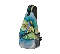 DISUOFEART Crossbody Sling Bag with Graphic Prints, Large Capacity Shoulder Backpack, Travel Chest Bag for Women & Men-6, Blue Dragonfly Rest on Flower, 19.7" × 9.5" × 3.5", Art Deco