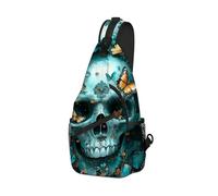 DISUOFEART Crossbody Sling Bag with Graphic Prints, Large Capacity Shoulder Backpack, Travel Chest Bag for Women & Men-16, Teal Skull Roses Butterfly, 19.7" × 9.5" × 3.5", Art Deco