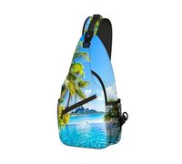 DISUOFEART Crossbody Sling Bag with Graphic Prints, Large Capacity Shoulder Backpack, Travel Chest Bag for Women & Men-2, Coconut Trees Ocean Serenity, 19.7" × 9.5" × 3.5", Art Deco