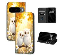 DISUOFEART for Google Pixel 10/10 Pro Case Wallet, Leather Flip Cover with RFID Blocking, Magnetic Closure, Card Holder, Two White Owls in Autumn Kickstand Full Body Protective Case