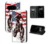 DISUOFEART for Google Pixel 10/10 Pro Case Wallet, Leather Flip Cover with RFID Blocking, Magnetic Closure, Card Holder, Motocross with an American Flag Kickstand Full Body Protective Case