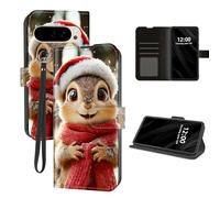 DISUOFEART for Google Pixel 10/10 Pro Case Wallet with Card Holder, Snowy Squirrel in Red Scarf and Hat RFID Blocking Leather Flip Cover Magnetic Snap and Kickstand