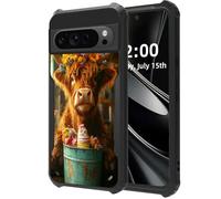 DISUOFEART for Google Pixel 10 Pro XL Case, Highland Calf with Cake and Flower Military Grade Defense, Air-Cushioned Shock-Resistant Corner Guards, Yellowing-Proof Acrylic Backplate