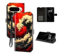 DISUOFEART for Google Pixel 10 Pro XL Case Wallet with Card Holder, Red Wave in Fiery Sky RFID Blocking Leather Flip Cover Magnetic Snap and Kickstand