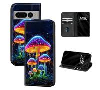 DISUOFEART for Google Pixel 7 Pro Case Wallet, Leather Flip Cover with RFID Blocking, Magnetic Closure, Card Holder, Neon Mushrooms in Magical Night Kickstand Full Body Protective Case