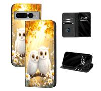 DISUOFEART for Google Pixel 7 Pro Case Wallet, Leather Flip Cover with RFID Blocking, Magnetic Closure, Card Holder, Two White Owls in Autumn Kickstand Full Body Protective Case