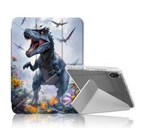 DISUOFEART for iPad 10th Generation Case, Fierce Dinosaur in Floral Slim Stylish Clear Protective Cover with Pencil Holder, Multi-Angle Folding Y-Shaped Stand & Auto Sleep/Wake Function