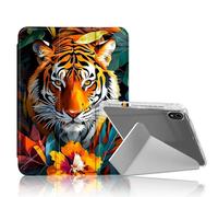 DISUOFEART for iPad 10th Generation Case, Tiger Colorful Tropical Flower Slim Stylish Clear Protective Cover with Pencil Holder, Multi-Angle Folding Y-Shaped Stand & Auto Sleep/Wake Function