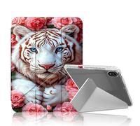 DISUOFEART for iPad 10th Generation Case, White Tiger Cub with Pink Roses Clear Protective Cover with Pencil Holder, Multi-Angle Folding Y-Shaped Stand & Auto Sleep/Wake Function