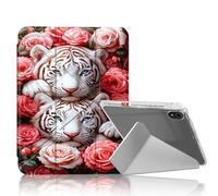 DISUOFEART for iPad 10th Generation Case, White Tiger Cubs with Pink Roses Clear Protective Cover with Pencil Holder, Multi-Angle Folding Y-Shaped Stand & Auto Sleep/Wake Function