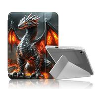 DISUOFEART for iPad 9th/ 8th/ 7th Generation Case 10.2 Inch, Silver Dragon in Fiery Ruins Clear Protective Cover with Pencil Holder, Multi-Angle Folding Y-Shaped Stand & Auto Sleep/Wake