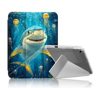 DISUOFEART for iPad 9th/ 8th/ 7th Generation Case 10.2 Inch, Smiling Shark with Jellyfish Slim Stylish Clear Protective Cover with Pencil Holder, Multi-Angle Folding Y-Shaped Stand & Auto Sleep/Wake