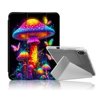 DISUOFEART for iPad A16 (11th Generation) Case, Neon Mushrooms and Butterflies Slim Stylish Clear Protective Cover with Pencil Holder, Multi-Angle Folding Y-Shaped Stand & Auto Sleep/Wake Function