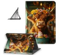 DISUOFEART for iPad A16 Case/iPad 10th Generation Case（2025/2022, Slim Lightweight Stand Cover with Auto Sleep/Wake, Highland Calf with Cake and Flower