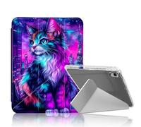 DISUOFEART for iPad Air 11 inch Case 2025/2024, Neon Cat in The City Slim Stylish Clear Protective Cover with Pencil Holder, Multi-Angle Folding Y-Shaped Stand & Auto Sleep/Wake Function