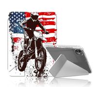 DISUOFEART for iPad Pro 11 inch Case 2024, Motocross with an American Flag Slim Stylish Clear Protective Cover with Pencil Holder, Multi-Angle Folding Y-Shaped Stand & Auto Sleep/Wake Function