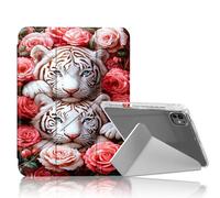 DISUOFEART for iPad Pro 13 inch Case 2024, White Tiger Cubs with Pink Roses Stylish Clear Protective Cover with Pencil Holder, Multi-Angle Folding Y-Shaped Stand & Auto Sleep/Wake Function