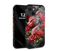 DISUOFEART for iPhone 13 Mini Case with Double Layer Protection - Film Design 2 in 1 Phone Cover, Red Dragon with Roses Hard Back Panel + Soft TPU Inner