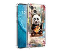 DISUOFEART for iPhone 14 Case, Anti-Scratch Transparent Hard Back Phone Cover, Panda Cub Playing Ukulele on Swing Clear Slim Shockproof Military-Grade Protection