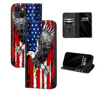 DISUOFEART for iPhone 14 Case Wallet, Leather Flip Cover with RFID Blocking, Card Holder, Magnetic Closure, American Flag with Eagle Kickstand Full Body Protective Case
