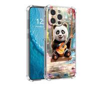 DISUOFEART for iPhone 14 Pro Max Case, Anti-Scratch Transparent Hard Back Phone Cover, Panda Cub Playing Ukulele on Swing Clear Slim Shockproof Military-Grade Protection