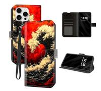 DISUOFEART for iPhone 14 Pro Max Case Wallet with Card Holder, Red Wave in Fiery Sky RFID Blocking Leather Flip Cover Magnetic Snap and Kickstand