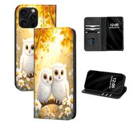 DISUOFEART for iPhone 15 Pro Max Case Wallet, Leather Flip Cover with RFID Blocking, Card Holder, Magnetic Closure, Two White Owls in Autumn Kickstand Full Body Protective Case
