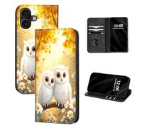 DISUOFEART for iPhone 16 Case Wallet, Leather Flip Cover with RFID Blocking, Card Holder, Magnetic Closure, Two White Owls in Autumn Kickstand Full Body Protective Case