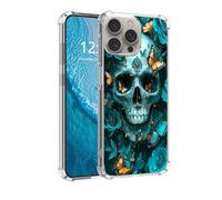 DISUOFEART for iPhone 16 Pro Max Case, Anti-Scratch Transparent Hard Back Phone Cover, Teal Skull Roses Butterfly Clear Slim Shockproof Military-Grade Protection