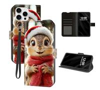 DISUOFEART for iPhone 16 Pro Max Case Wallet with Card Holder, Snowy Squirrel in Red Scarf and Hat RFID Blocking Leather Flip Cover Magnetic Snap and Kickstand