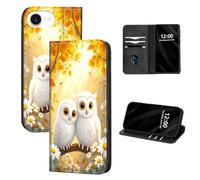 DISUOFEART for iPhone 16E Case Wallet, Leather Flip Cover with RFID Blocking, Card Holder, Magnetic Closure, Two White Owls in Autumn Kickstand Full Body Protective Case