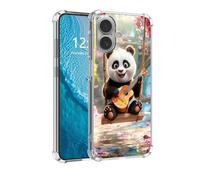 DISUOFEART for iPhone 17 Case, Anti-Scratch Transparent Hard Back Phone Cover, Panda Cub Playing Ukulele on Swing Clear Slim Shockproof Military-Grade Protection