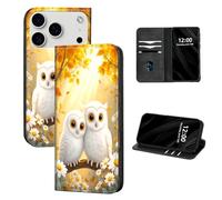 DISUOFEART for iPhone 17 Pro Case Wallet, Leather Flip Cover with RFID Blocking, Card Holder, Magnetic Closure, Two White Owls in Autumn Kickstand Full Body Protective Case
