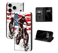 DISUOFEART for iPhone 17 Pro Case Wallet, Leather Flip Cover with RFID Blocking, Card Holder, Magnetic Closure, Motocross with an American Flag Kickstand Full Body Protective Case