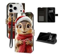 DISUOFEART for iPhone 17 Pro Case Wallet with Card Holder, Snowy Squirrel in Red Scarf and Hat RFID Blocking Leather Flip Cover Magnetic Snap and Kickstand