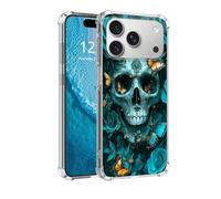 DISUOFEART for iPhone 17 Pro Max Case, Anti-Scratch Transparent Hard Back Phone Cover, Teal Skull Roses Butterfly Clear Slim Shockproof Military-Grade Protection