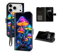 DISUOFEART for iPhone 17 Pro Max Case Wallet with Card Holder, Neon Glowing Mushrooms at Night RFID Blocking Leather Flip Cover Magnetic Snap and Kickstand