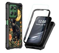 DISUOFEART for Motorola Moto G Power 2025 Case with Tempered Glass Screen Protector, Shockproof TPU Cover, Reinforced Corners, Anti-Scratch, Full Protection, Black Cat Flower Moon