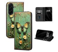 DISUOFEART for Samsung Galaxy A37 5G Phone Case Wallet, Leather Flip Cover with RFID Blocking, Card Holder, Magnetic Closure, Butterfly Flower on Weathered Green Wood Full Body Kickstand Case
