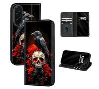 DISUOFEART for Samsung Galaxy A57 5G Phone Case Wallet, Leather Flip Cover with RFID Blocking, Card Holder, Magnetic Closure, Raven on Skull with Red Flames Full Body Kickstand Case