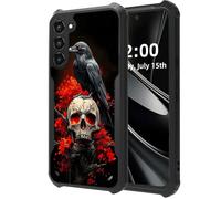 DISUOFEART for Samsung Galaxy S21 FE Case, Raven on Skull with Red Flames Military Grade Defense, Air-Cushioned Shock-Resistant Corner Guards, Yellowing-Proof Acrylic Backplate