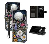 DISUOFEART for Samsung Galaxy S21 FE Case Wallet with Card Holder, Wildflower Under The Moonlight RFID Blocking Leather Flip Cover Magnetic Snap and Kickstand