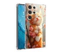 DISUOFEART for Samsung Galaxy S22 Ultra Case, Anti-Scratch Transparent Hard Back Phone Cover, Cat Napping on Cherry Blossom Branch Clear Slim Shockproof Military-Grade Protection