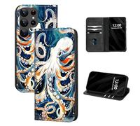 DISUOFEART for Samsung Galaxy S22 Ultra Case Wallet, Leather Flip Cover with RFID Blocking, Card Holder, Magnetic Closure, White Octopus in The Ocean Kickstand Full Body Protective Case