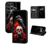 DISUOFEART for Samsung Galaxy S22 Ultra Case Wallet, Leather Flip Cover with RFID Blocking, Card Holder, Magnetic Closure, Raven on Skull with Red Flames Full Body Kickstand Case
