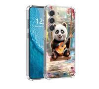 DISUOFEART for Samsung Galaxy S23 Plus Case, Anti-Scratch Transparent Hard Back Phone Cover, Panda Cub Playing Ukulele on Swing Clear Slim Shockproof Military-Grade Protection