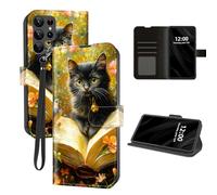 DISUOFEART for Samsung Galaxy S23 Ultra Case Wallet with Card Holder, Black Kitten with Bell on Open Book RFID Blocking Leather Flip Cover Magnetic Snap and Kickstand